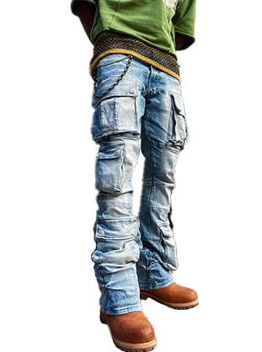 blue stacked jeans