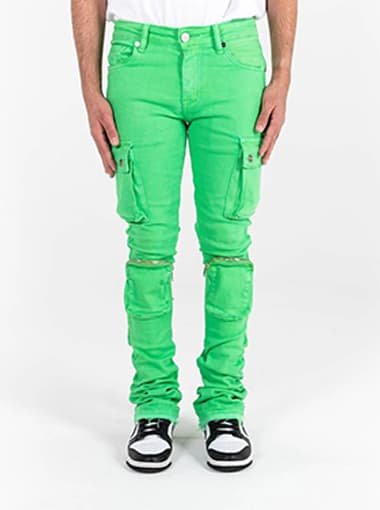 green stacked jeans