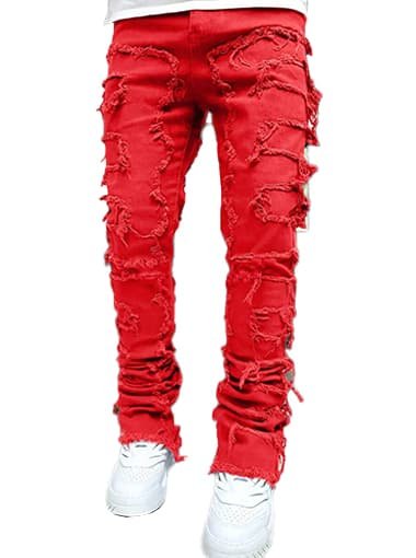 red stacked jeans