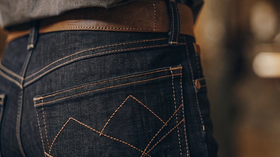 A close-up of the iconic 'A' squiggle stitching on the back pocket of a pair of 7 For All Mankind jeans.