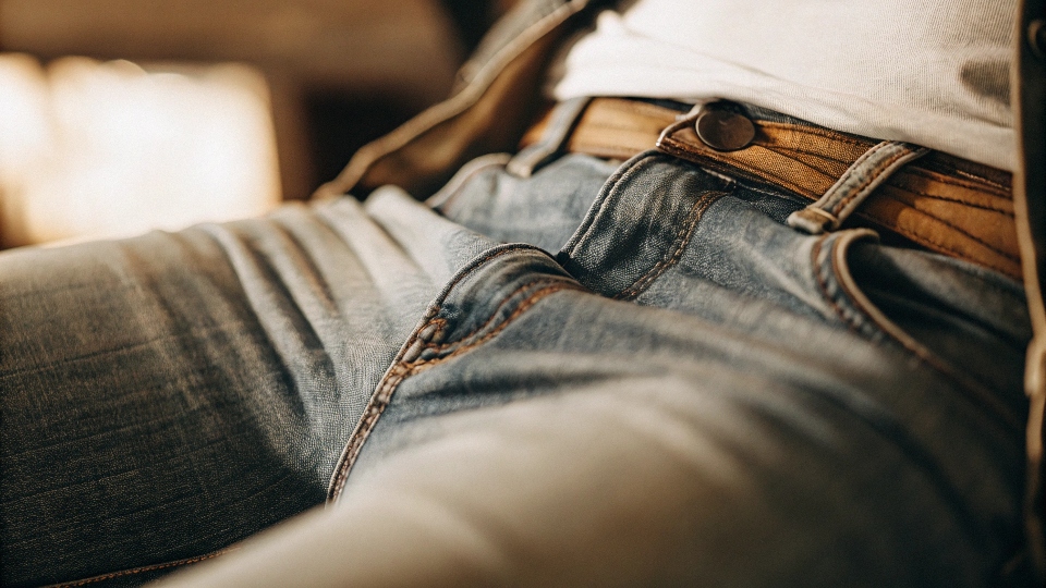 A close-up shot focused on the heavy seams of a jeans crotch area.