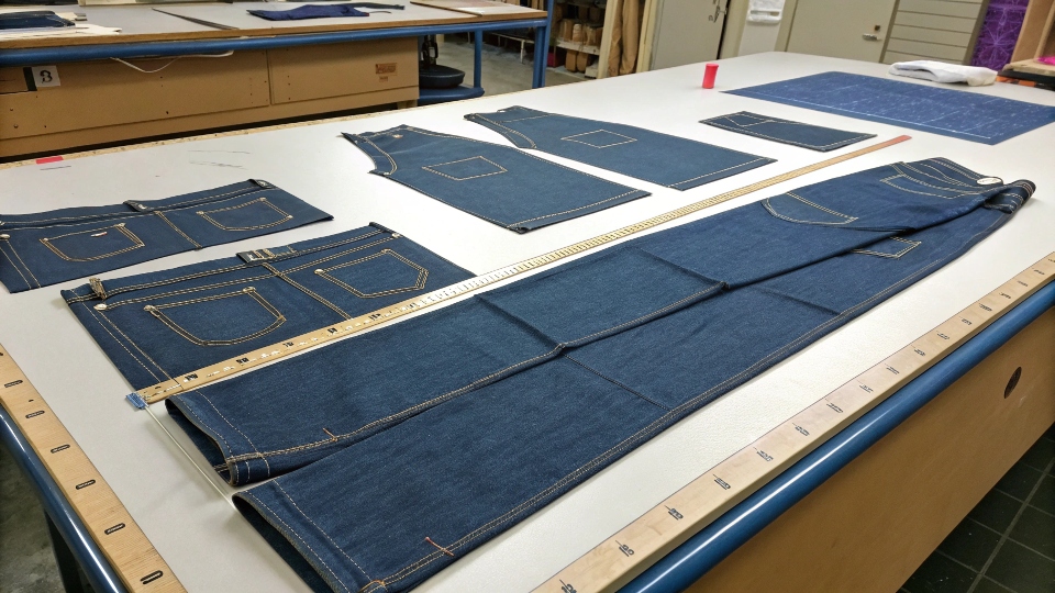 denim fabric being laid out on a cutting table with pattern pieces on top