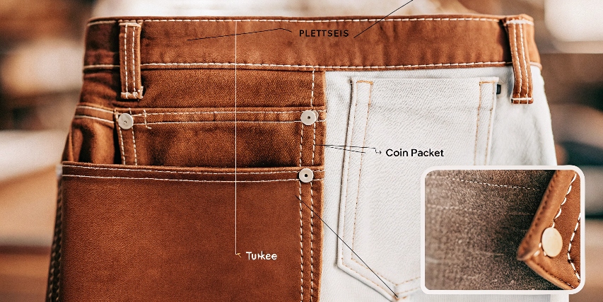 A blueprint-style diagram of a classic five-pocket jean, pointing out key features like the coin pocket, rivets, felled seam, and yoke.