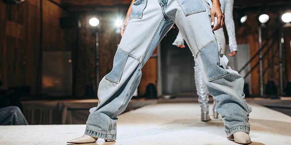 A fashion runway model wearing a pair of trendy, experimental denim jeans.