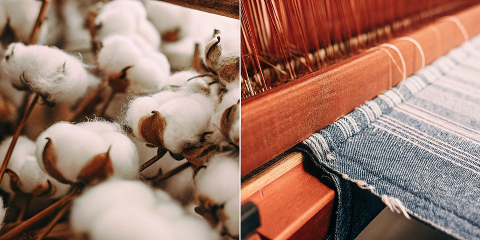 A detailed shot showing raw cotton bolls on one side and a woven piece of denim fabric on the other, visually linking the source to the final product.