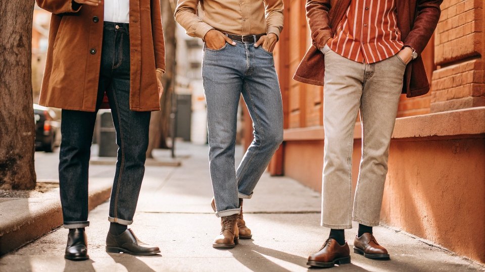 A diagram showing one pair of dark wash jeans connected to three different outfits: casual, smart-casual, and workwear.