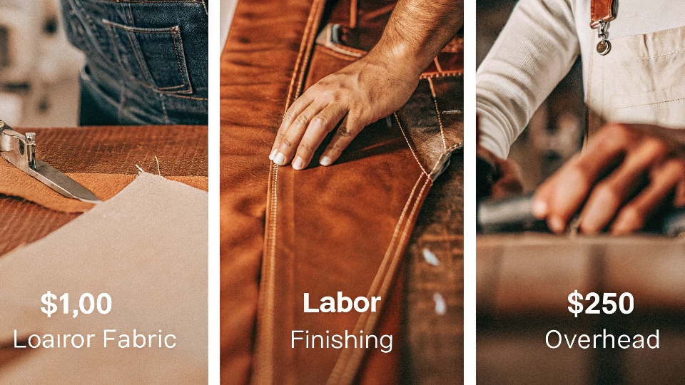 An infographic breaking down the costs of a pair of jeans into fabric, labor, finishing, and overhead.