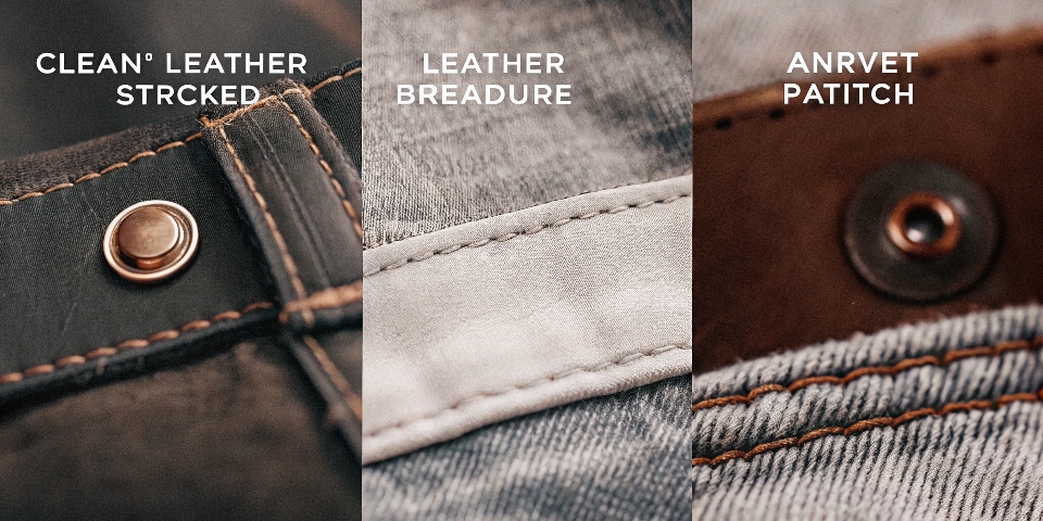A close-up shot showcasing a crisp leather patch, a clean arcuate stitch on a pocket, and a branded rivet.