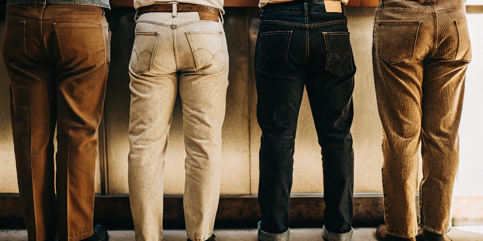 A rear view of several pairs of jeans with different back pocket placements, showing the aesthetic effect.