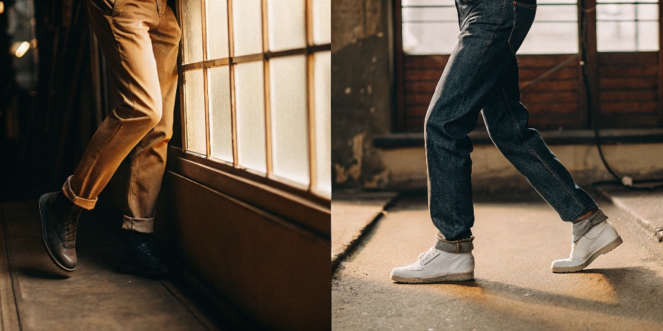 A split image: the stiff, traditional silhouette of a selvedge jean on one side, and a person easily moving in a modern stretch jean on the other.