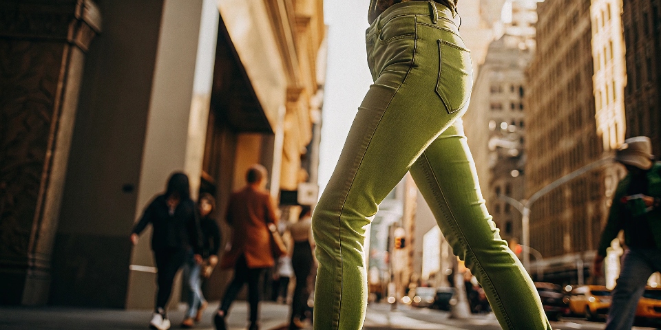 A stylish person on a city street wearing vibrant green denim jeans.