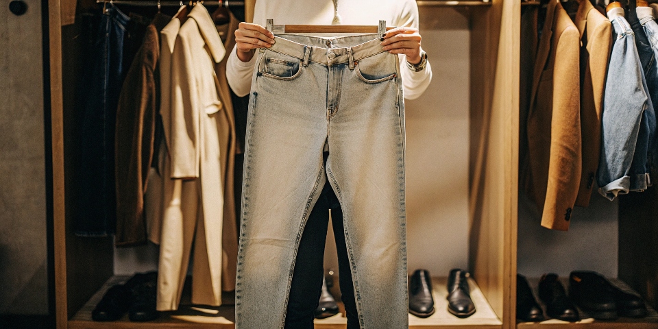 A person standing in front of an open closet, holding blue jeans and looking at various stylish top options.
