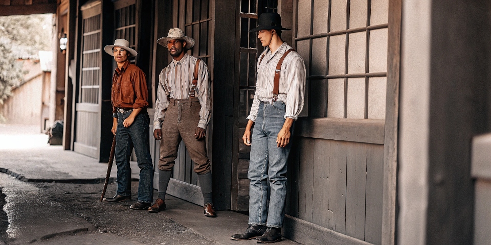 A black and white photo mashup showing a 19th-century miner, a classic Hollywood cowboy, and a 1950s rebel like James Dean, all wearing jeans.
