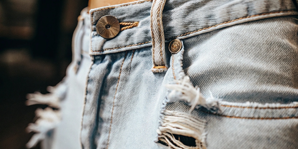 A close-up of a pair of jeans with frayed stitching and a cheap-looking button.