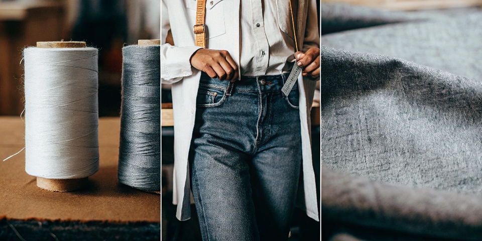A lab-like setting showing three different fibers—cotton, elastane thread, and polyester—all leading to a single swatch of blended denim fabric.