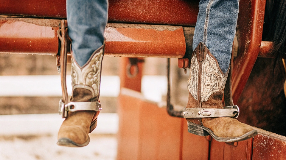 A close-up shot of the bottom of a cowboy's legs, showing cuffed jeans sitting perfectly over ornate cowboy boots.