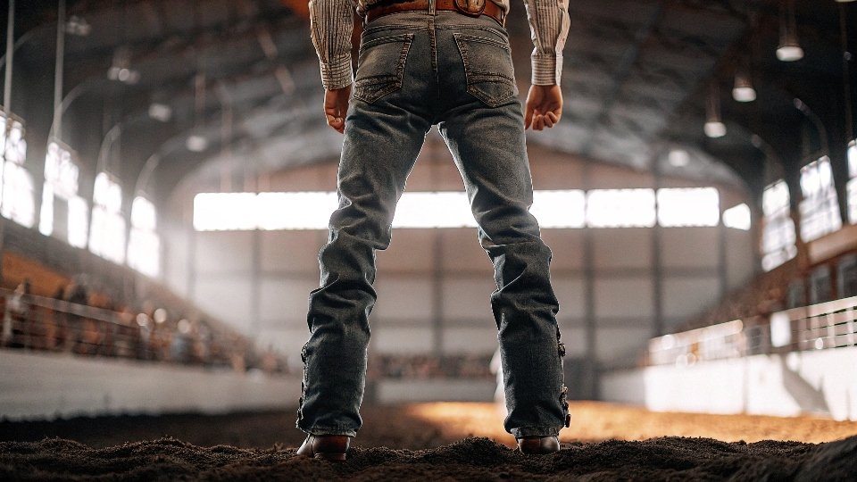 A cowboy in a rodeo arena, wearing distinctly creased, starched jeans that look sharp and clean.