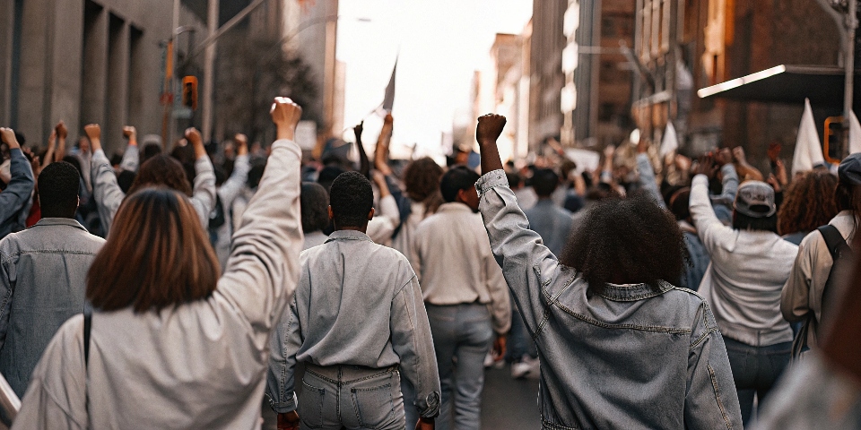 A large crowd of people wearing jeans, marching in solidarity for a cause.