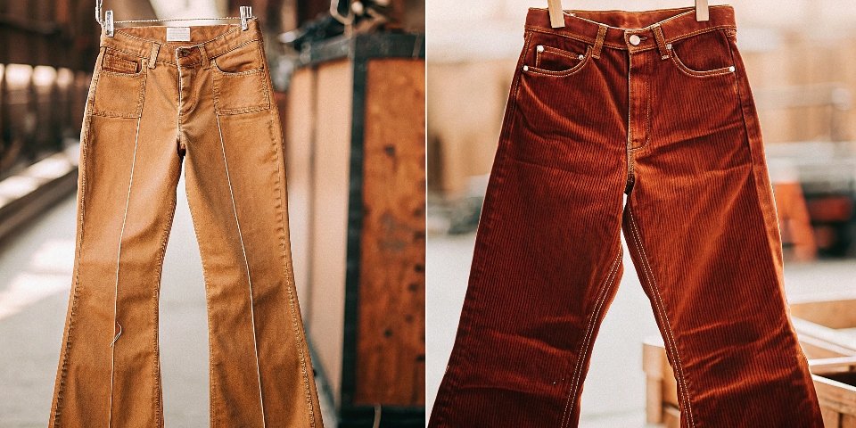 An image comparing a vintage pair of 1970s flared jeans with a modern interpretation of the same style.