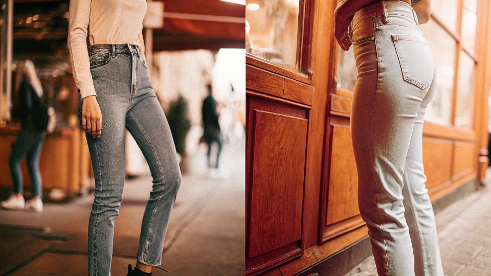 A side-by-side photo comparison: on the left, a person wearing tight skinny jeans; on the right, a person wearing loose-fitting, straight-leg jeans.