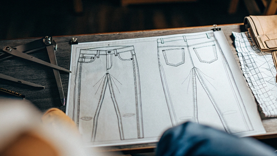 A detailed technical drawing (tech pack) of a pair of jeans laid out on a designer's desk.