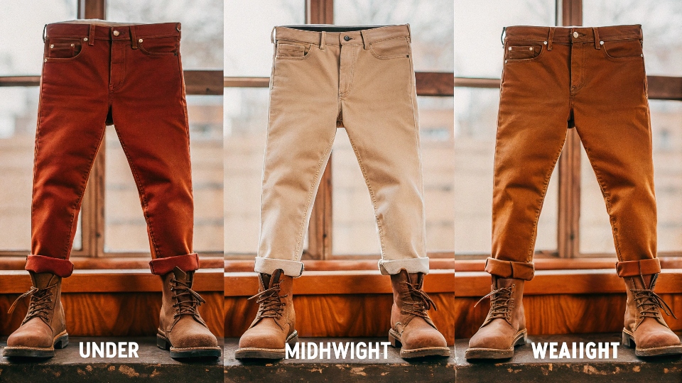 An infographic chart showing the three main denim weight categories: Lightweight (under 12oz), Midweight (12-15oz), and Heavyweight (16oz+).