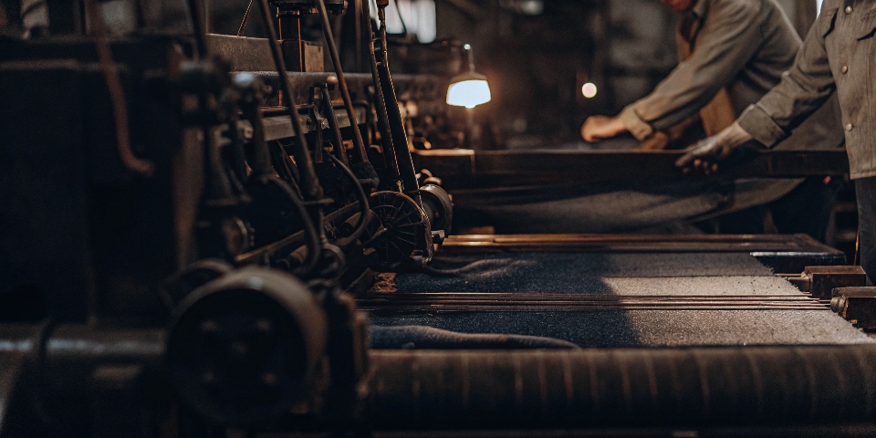 A modern denim factory showing workers operating advanced laser finishing or hand-sanding equipment.