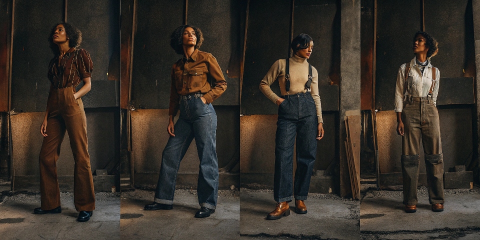 A collage showing four distinct eras of jeans: a cuffed 1950s straight-leg, a 1970s bell-bottom, an 1980s acid-wash, and a 2000s low-rise skinny.