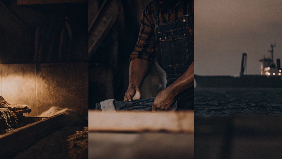 A three-panel image showing cotton being harvested, a large container ship on the ocean, and a factory worker hand-sanding jeans.