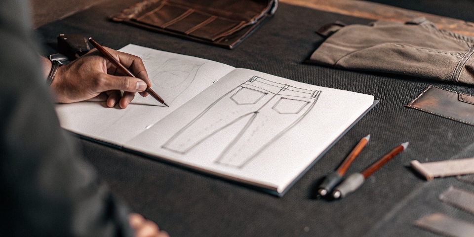 A modern designer sketching a pair of jeans, paying attention to the classic five-pocket design.