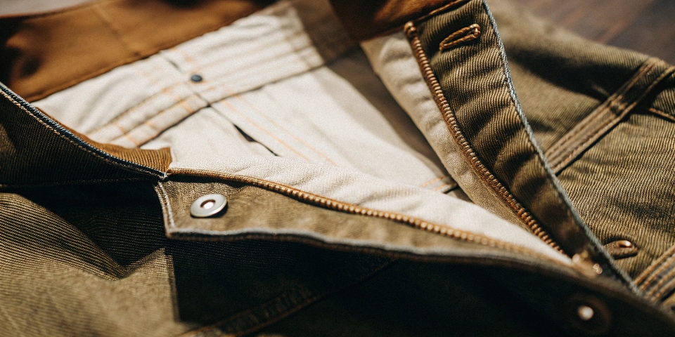 A close-up photo showing the characteristic diagonal lines of a denim twill weave, with the lighter-colored inside visible.