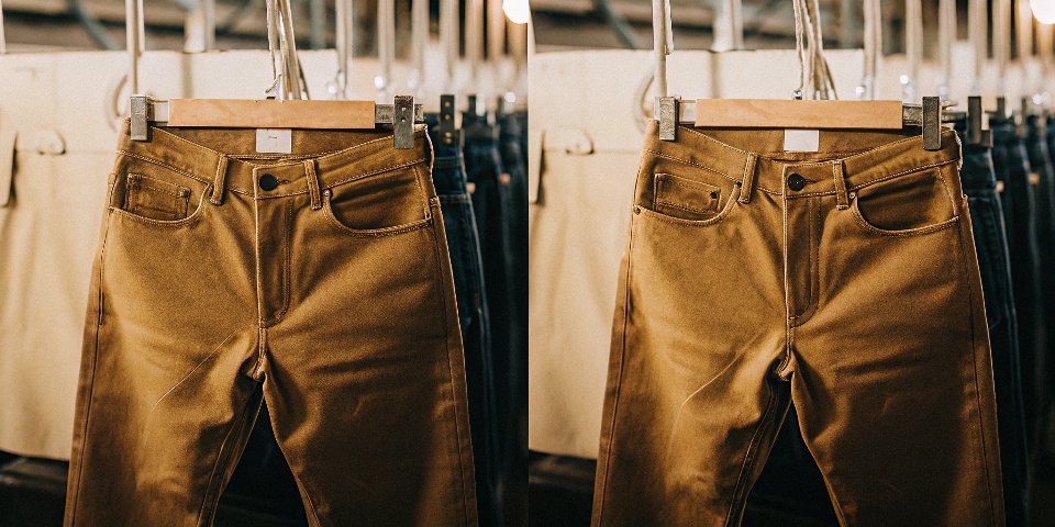 A split image showing a price tag of $15 on a pair of jeans with an overseas factory in the background, and a price tag of $50 on an identical pair with a US factory in the background.