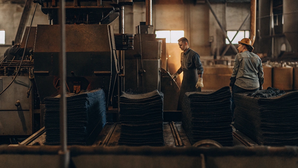 A factory setting showing jeans being treated in a large industrial washing machine.