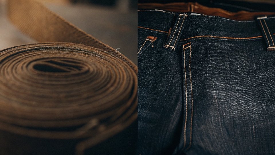 A close-up of a roll of denim fabric on one side, and a folded pair of finished jeans on the other.