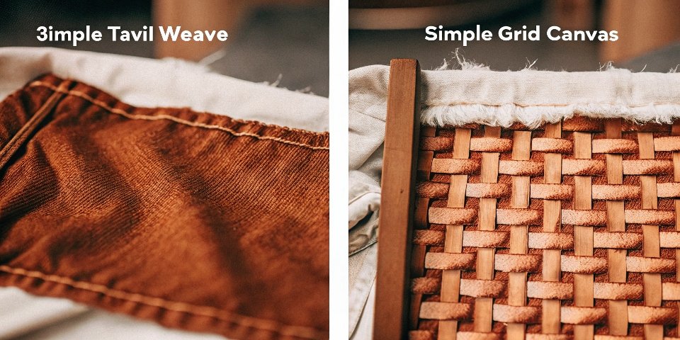 A magnified, diagram-style image comparing the diagonal weave of denim to the simple grid-like weave of cotton canvas.