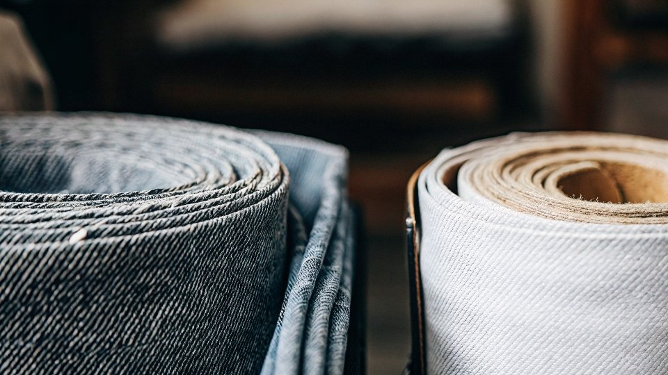 A macro close-up showing the diagonal lines of a denim weave next to the simple grid of a chambray weave.