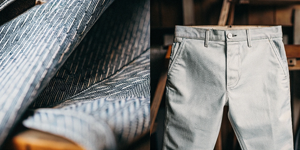 A split image: the left side shows the distinct diagonal weave of denim fabric; the right side shows the flat weave of a pair of cotton chino pants.