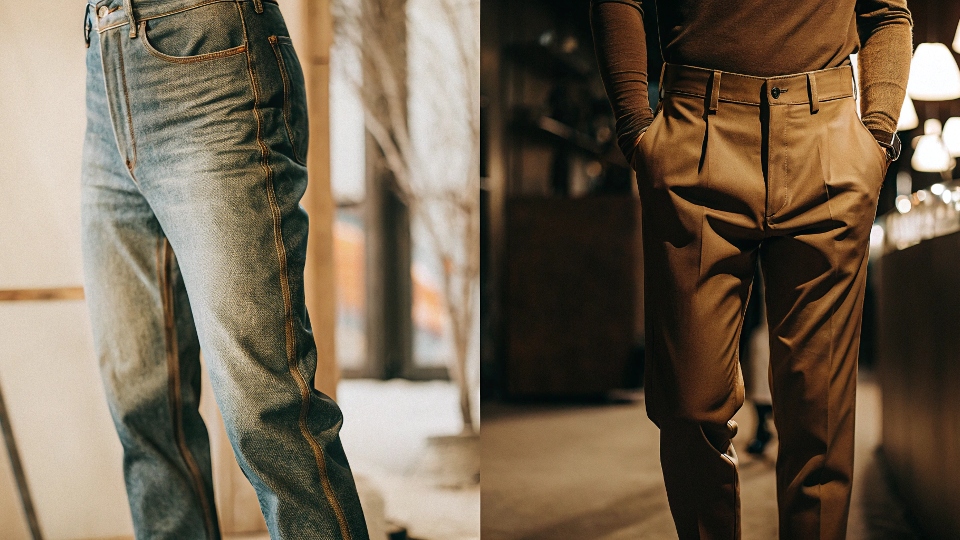 A visual comparison showing a rugged blue jean on one side and a sleek, tailored trouser on the other, highlighting the stark differences.