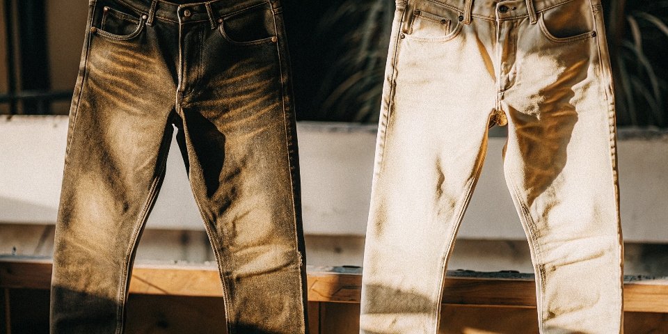 A time-lapse style image showing a pair of raw jeans transitioning from dark and new to beautifully faded and worn.