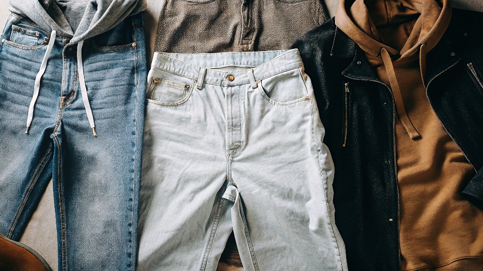 A flat-lay image showing one pair of jeans surrounded by a T-shirt, a hoodie, a button-down shirt, and a jacket, demonstrating their versatility.