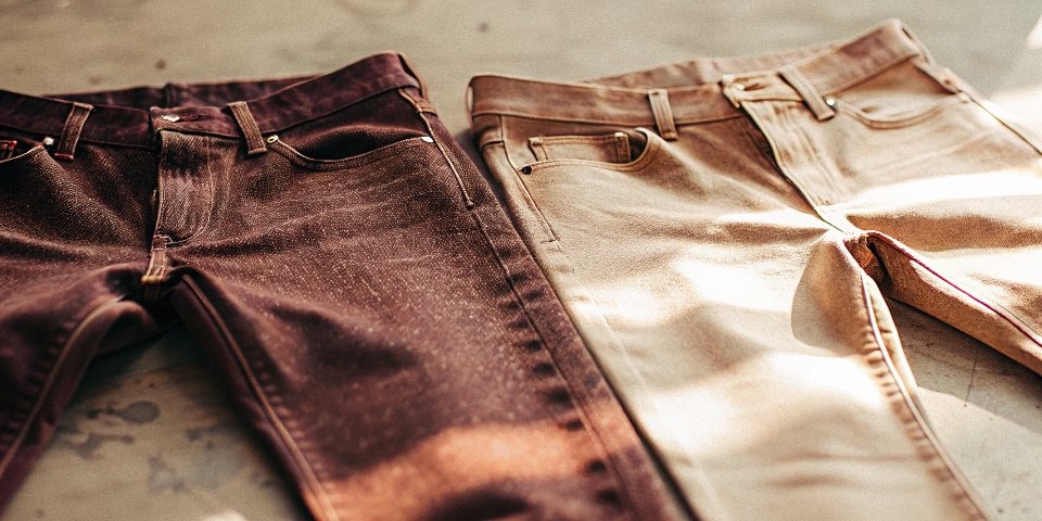 A split image showing the dark, rigid texture of raw denim on one side and the soft, faded texture of washed denim on the other.