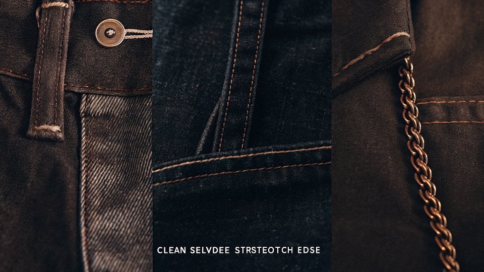 A close-up collage showcasing high-quality jean details: a clean selvedge edge, perfect chain stitching, and a rich, textured wash.