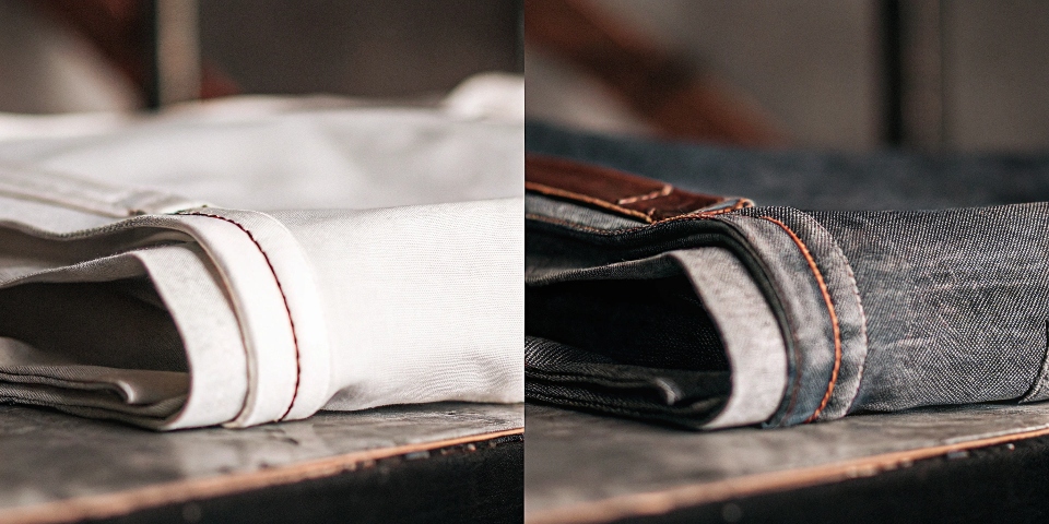 A split image showing a crisp, dark raw selvedge denim cuff and a soft, pre-faded washed denim cuff.