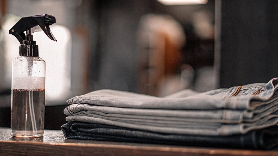 A spray bottle next to a neatly folded pair of jeans, ready for treatment.