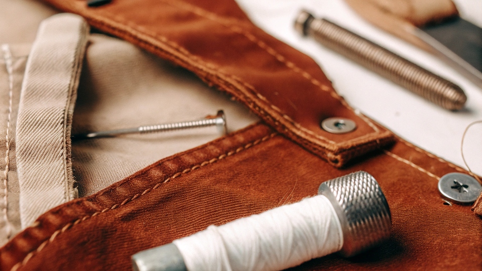 A close-up, deconstructed view of a jean, with a piece of fabric, a rivet, a button, and thread laid out separately.