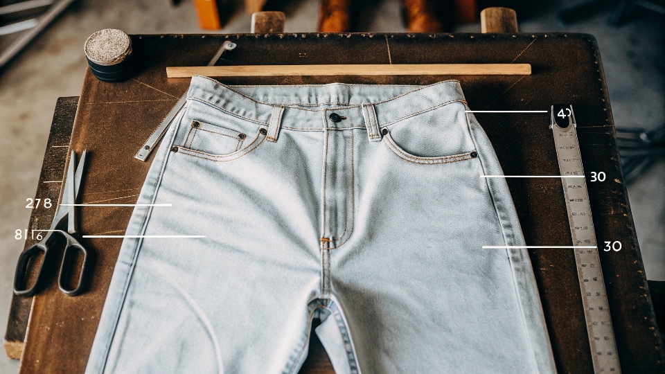 A diagram showing a single pair of jeans with arrows pointing to different parts, labeled with estimated costs.