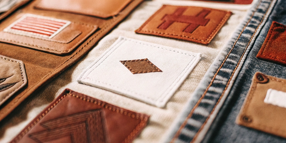 A collection of various denim brand patches sewn onto a large denim fabric background.