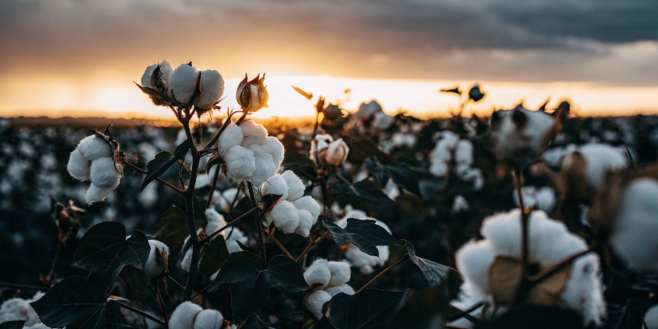 A field of cotton bolls ready for harvest, with the sun setting in the background.