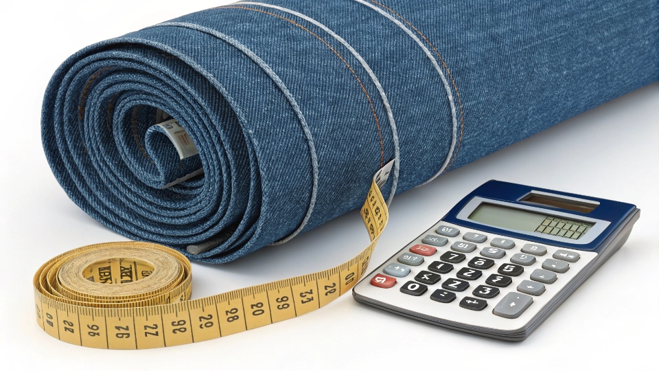 a roll of denim fabric next to a measuring tape and calculator