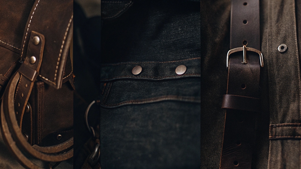 A collage of different products featuring rivets: a brown leather handbag, the sleeve of a denim jacket, and a black leather belt.